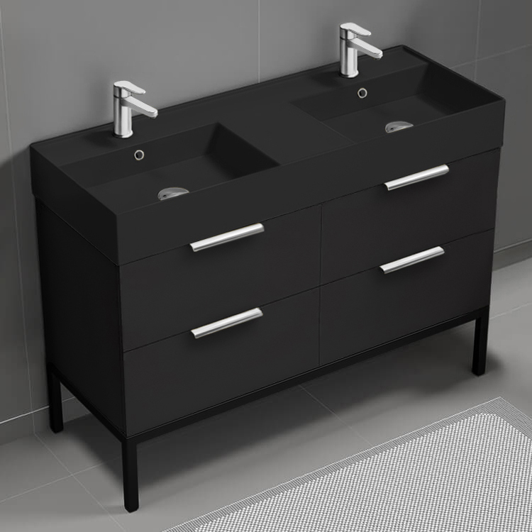 Bathroom Vanity Modern Black Double Bathroom Vanity, 48 Inch, Chrome Handles, Free Standing Nameeks DERIN384
